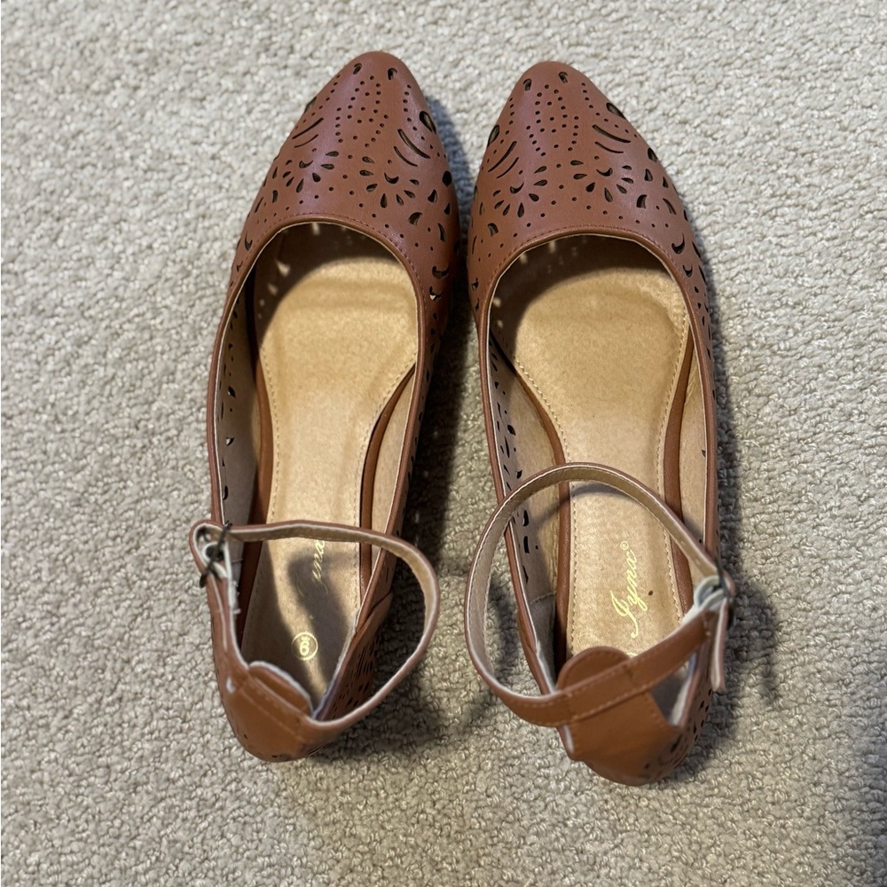 Brown Leather Flats with Ankle Straps and Broguing